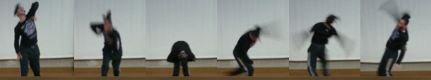 Six-frame sequence of a person dancing in a studio, captured in motion across different poses.