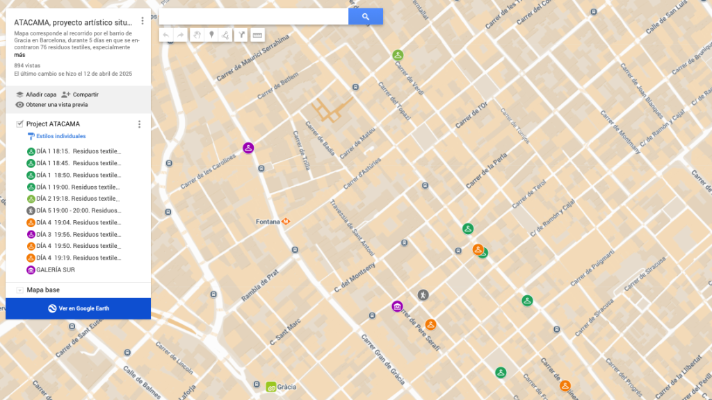 Map of Gràcia, Barcelona showing ATACAMA artistic project locations with colorful pins and a left info panel describing the site.